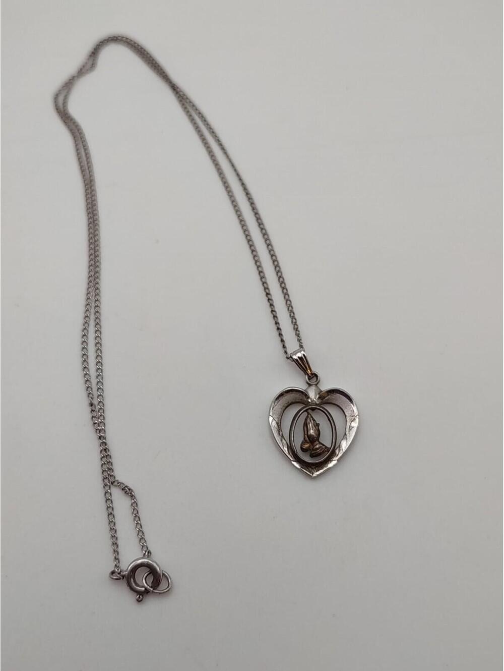 Vintage THEDA Sterling Praying Hands Heart Necklace 17.5